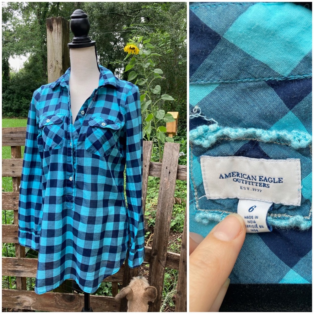 American Eagle Blue Long Sleeve Buffalo Plaid Top